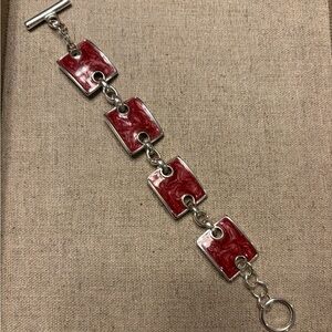 Red Enamel Link Bracelet – Silver Tone Toggle